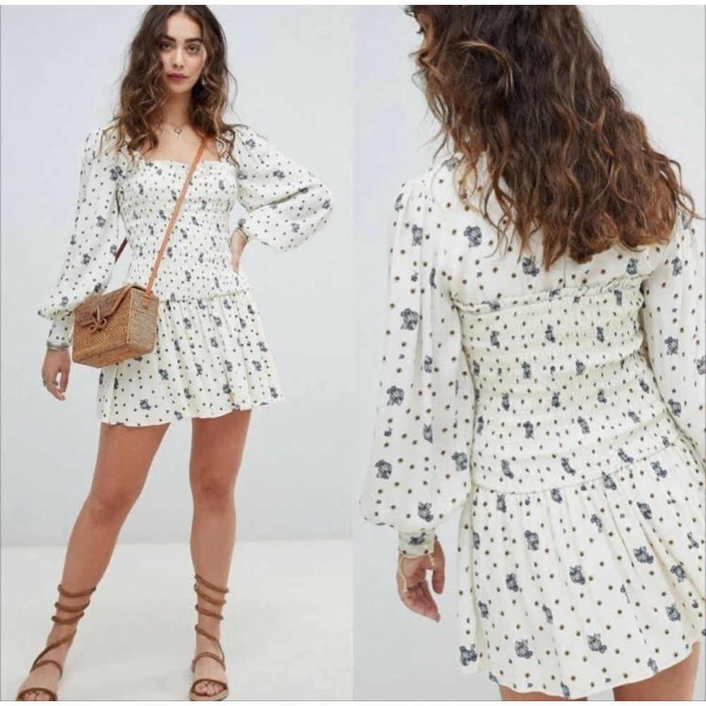 Free People Petite White Blue Floral Smocked Mini Dress XSP babydoll peasant - Picture 9 of 9